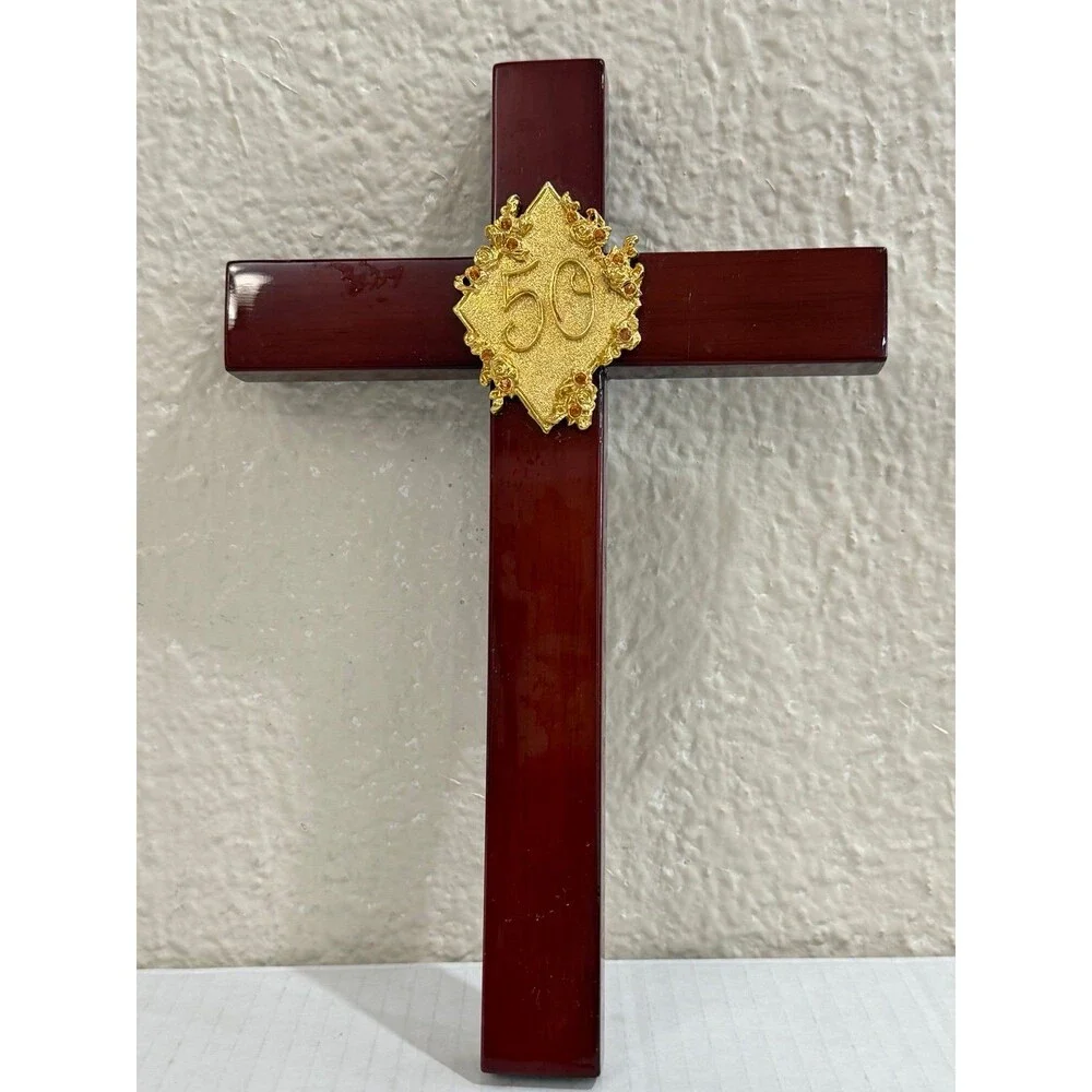 Vintage 50th Anniversary Wall Cross Gold Roses Burgundy Wood Religious Decor